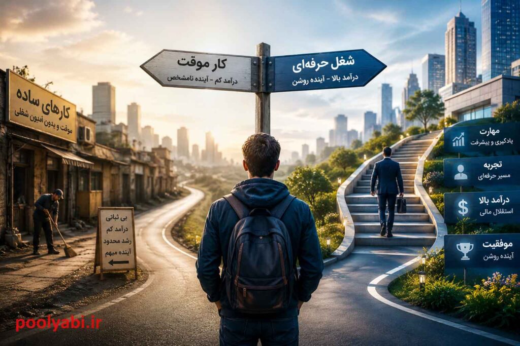 مفهوم کار و شغل با مثال‌های واقعی از زندگی روزمره , نمایش مسیر تبدیل کار به شغل پایدار در بازار کار امروز